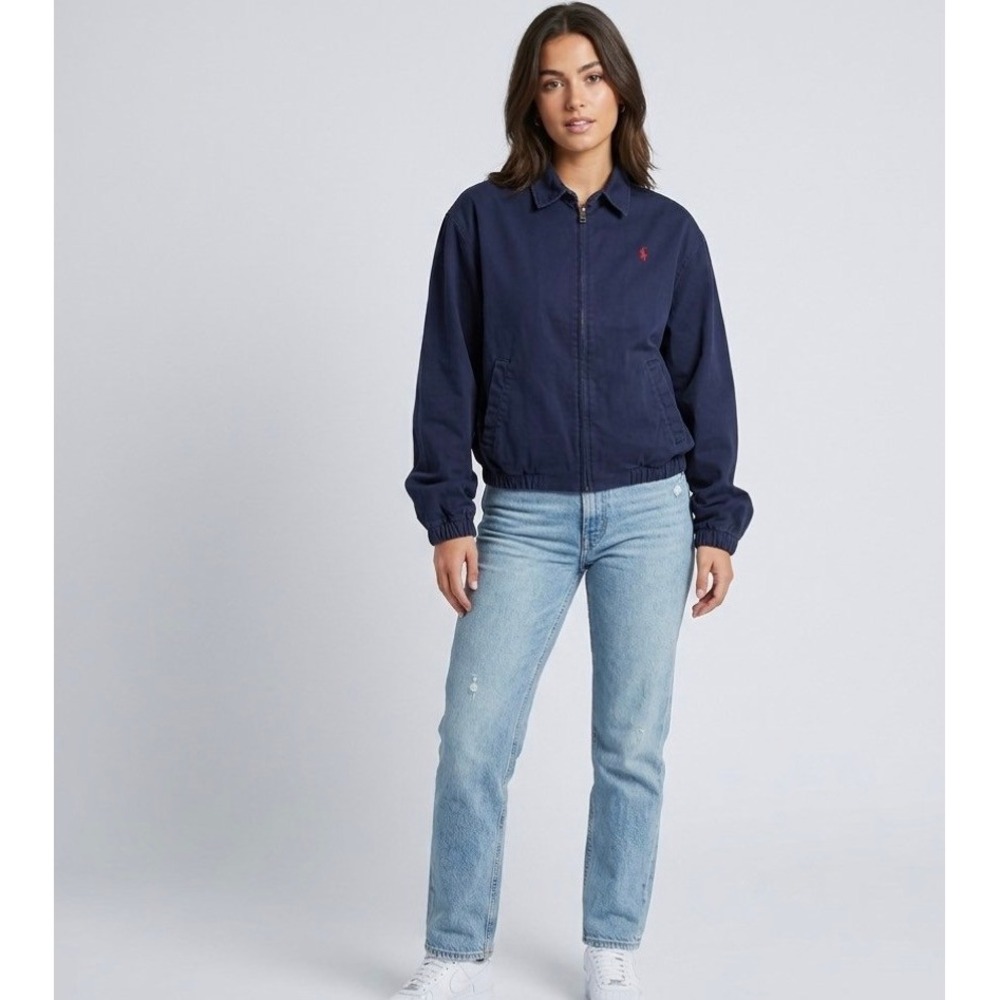 Polo Ralph Lauren Vtg Harringto Jacket Crop Womens Medium Navy Blue Zip Cotton